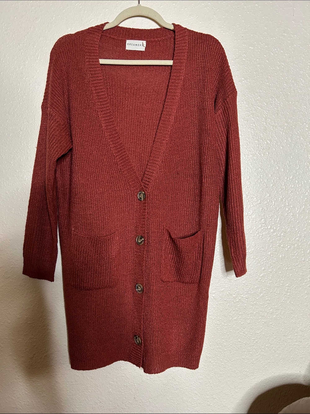 Dreamers Rust-Red Long Ribbed Button Cardigan